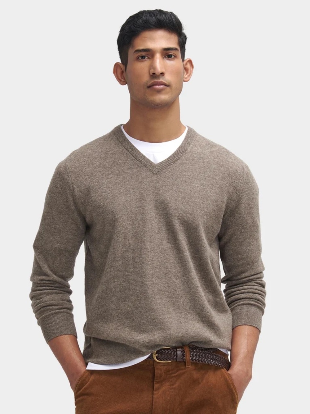 Barbour Mens Essential Lambswool V-Neck Sweater in Dark Stone